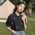 Short-sleeve Butterfly Embroidered Shirt Black - One Size