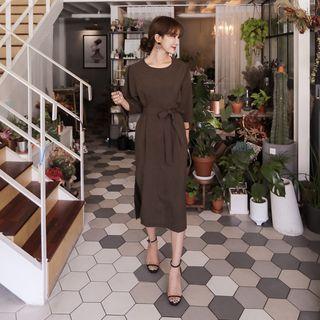 3/4-sleeve Slit-side Dress With Sash