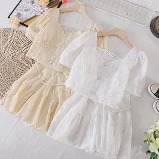Set Of 2 : Square-neck Single-breasted Top + Faux Pearl A-line Skirt
