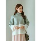 Mock-neck Loose-fit Two-tone Sweater (l~xxl)