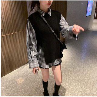Striped Shirt / Side-slit Sweater Vest / Set