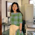Short-sleeved Check Knit Top