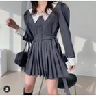 Long-sleeve Two Tone Pleated Mini Dress