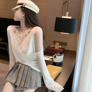 Plain V-neck Knit Top / Lace Sleeveless Top / Check Skorts