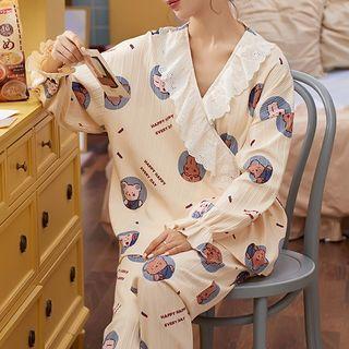 Loungewear Set : Long-sleeve Lace Trim Animal Print Wrapped Top + Pants