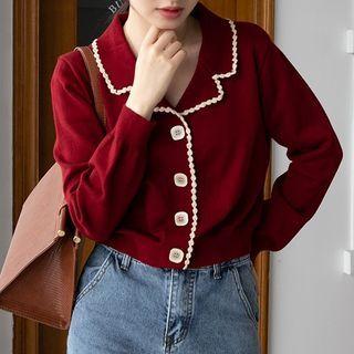 Long-sleeve Open Collar Button-up Knit Top