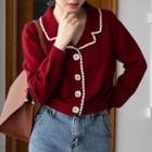 Long-sleeve Open Collar Button-up Knit Top