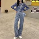 Long-sleeve Tie-dye Sheer Top / Asymmetrical Denim Jumpsuit