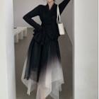 Long Sleeve Ruffled Wrapped Shirt / Asymmetric Gradient Mesh A-line Skirt