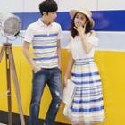 Couple Matching Striped Short-sleeve Polo Shirt / Cold Shoulder Short-sleeve Blouse / Striped Midi A-line Skirt / Set