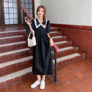 Puff-sleeve Lace Trim Plain Dress Black - One Size