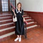 Puff-sleeve Lace Trim Plain Dress Black - One Size