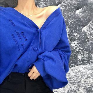 Plain V-neck Distressed Loose-fit Pullover