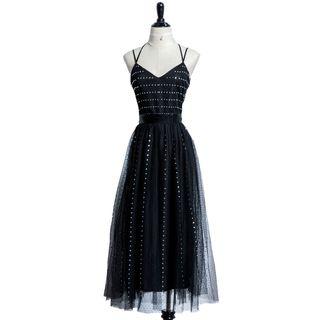 Dotted Spaghetti Strap Midi Mesh Dress