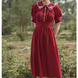 Short-sleeve Lace Trim Embroidered Butterfly A-line Midi Dress