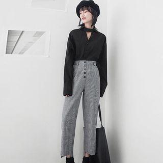 Set: Long Sleeve Cutout Top + High Waist Buttoned Plaid Pants