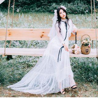 Tie Neck Long-sleeve Maxi Lace Dress