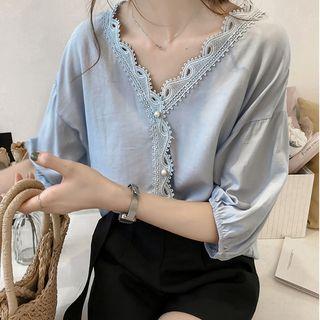 3/4-sleeve V-neck Lace Trim Blouse