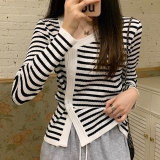 Long-sleeve Asymmetrical Striped Button-up Knit Top