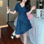 Puff-sleeve Heart Print Denim Mini A-line Dress