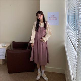 Bell-sleeve Plain Blouse / Floral Pinafore Dress