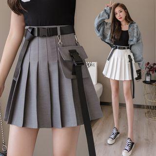 Pleated Belted A-line Mini Skirt