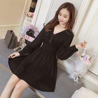Long-sleeve Lace-sleeve Mini A-line Dress