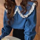 Lace Trim Doll-collar Denim Blouse Denim Blue - One Size