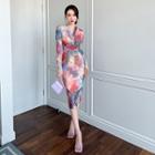 Long-sleeve Floral Tie Dye Sheath Dress
