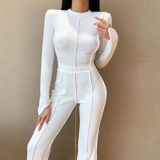 Set: Open Back Lace Up Long-sleeve T-shirt + Boot-cut Pants