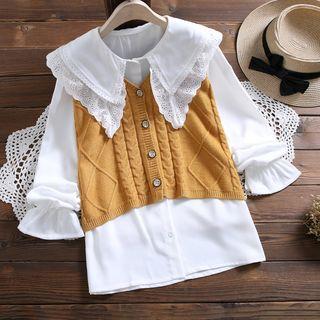 Set: Long-sleeve Lace Paneled Collar Shirt + Buttoned Knit Vest