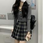 Cross Neck Knit Top / Plaid Pleated Skirt
