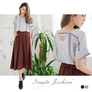 V-neck Cutout Back Striped Top