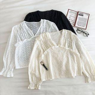 Plain V-neck Ruffled-trim Flare-sleeve Blouse
