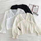 Plain V-neck Ruffled-trim Flare-sleeve Blouse