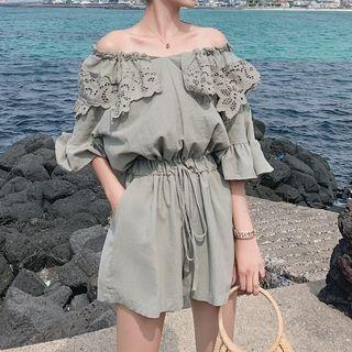 Elbow-sleeve Perforated Paneled Wide-leg Playsuit