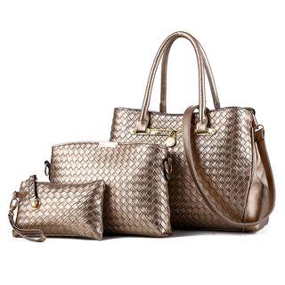 Set: Woven Faux-leather Handbag + Shoulder Bag + Pouch