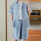 Set: Plain Short-sleeve Shirt + Band-waist Straight-cut Shorts