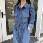 Pocket Detail Long-sleeve Corduroy Cropped Jumpsuit Blue - One Size