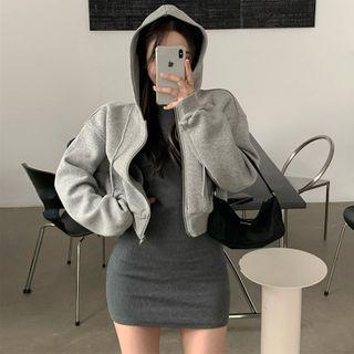 Zip-up Hooded Jacket / Long-sleeve Mini Bodycon Dress