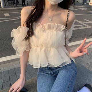 Off-shoulder Mesh Ruffled Blouse
