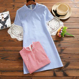 Plaid Short-sleeve Mandarin Collar Dress