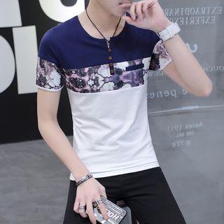 Floral Print Panel Short Sleeve Henley T-shirt
