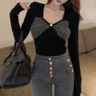 Long Sleeve Rhinestone Bow Square Neck Top