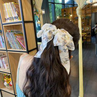 Floral Print Beaded Bow Hair Clip