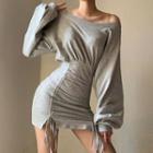 Puff Sleeve Cold-shoulder Ruched Drawstring Mini Bodycon Dress