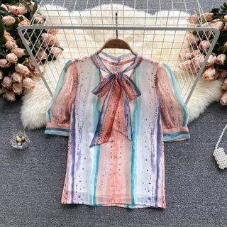 Bow Collar Graffiti Print Color Panel Chiffon Shirt
