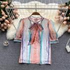Bow Collar Graffiti Print Color Panel Chiffon Shirt