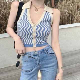 Collar Button-up Patterned Tank Top Blue & Almond - One Size