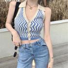Collar Button-up Patterned Tank Top Blue & Almond - One Size